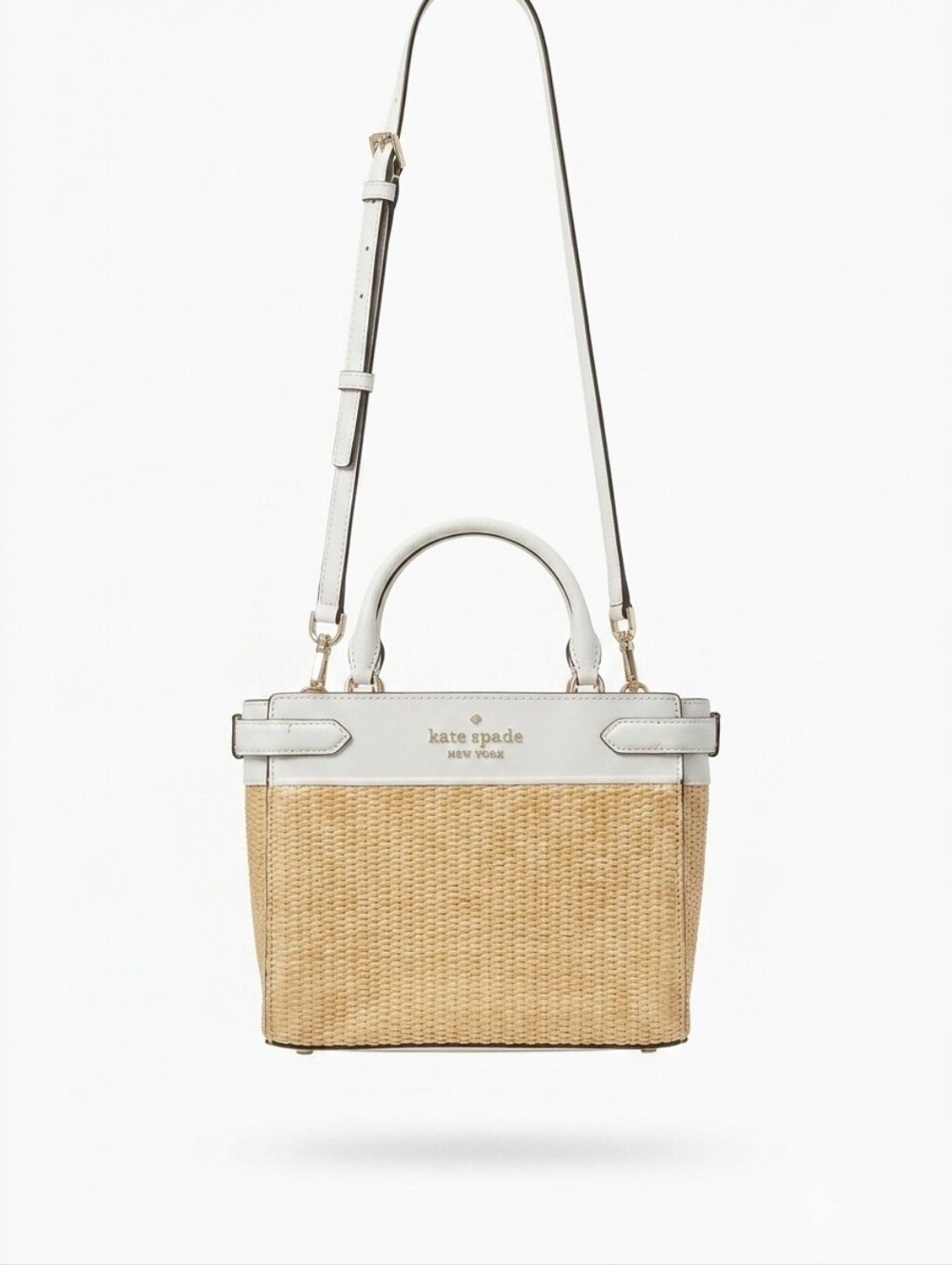 kate spade Straw Woven Medium Satchel With White Leather Trim And Handles